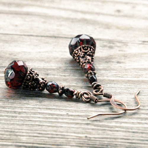 Ruby Red Czech Glass Bead Earrings Copper Accents